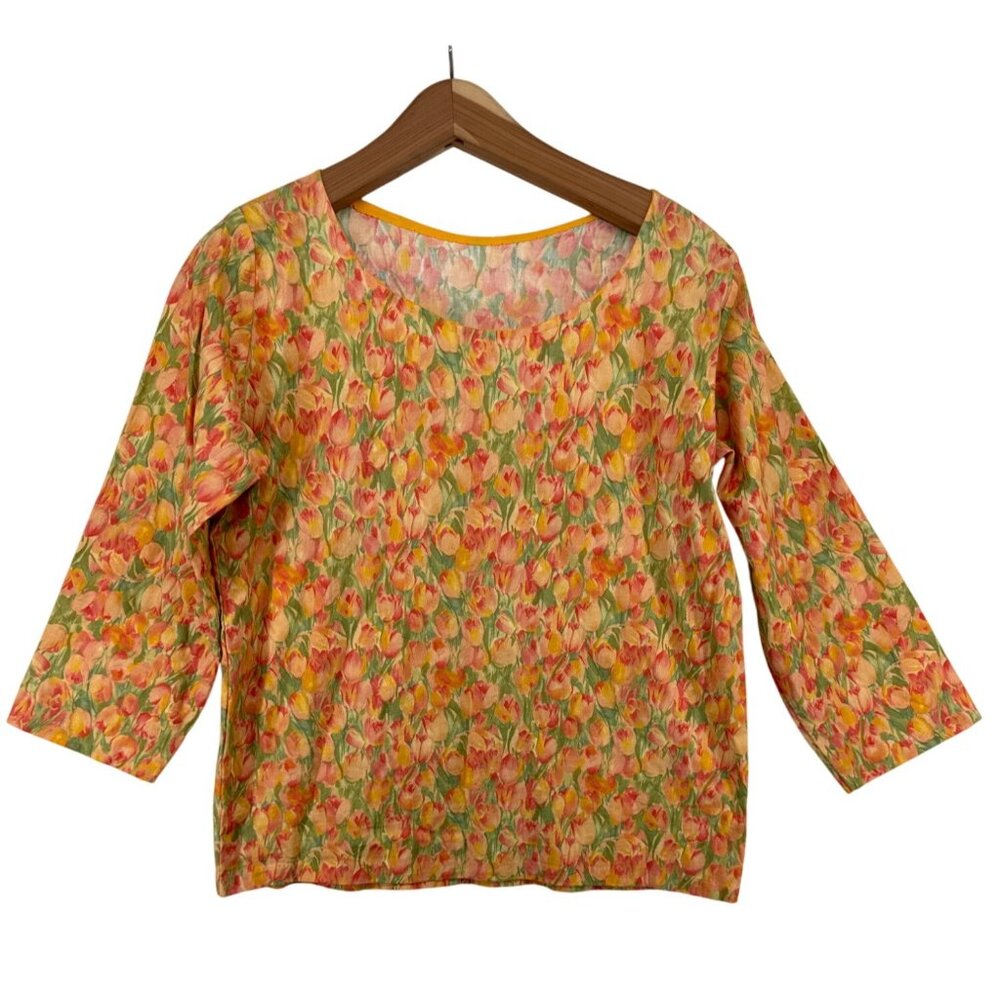 Handmade Womens Top Sz L Yellow Tulips Print Floral OOAK 3/4-Slv Cottage Fairy